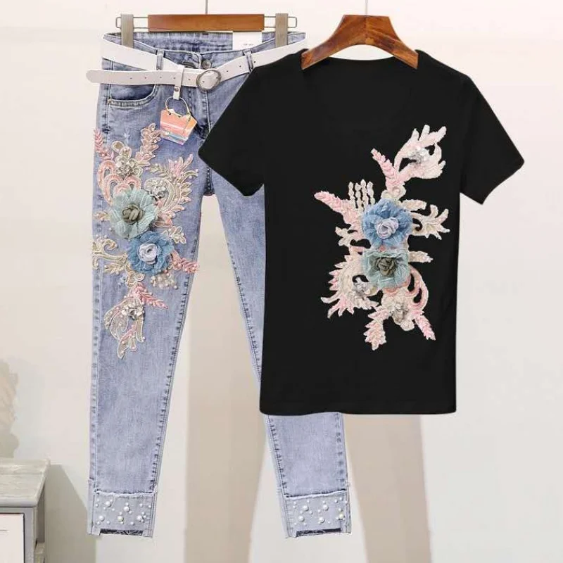 Женский комплект из двух предметов, вышивка бисером, тяжелая работа, 3D футболки с цветочным узором+ джинсовые штаны, комплекты одежды из 2 предметов, Летние повседневные джинсовые костюмы - Цвет: Черный