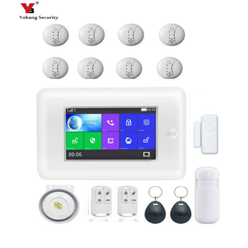 

Yobang Wired Siren Security 4.3inch Touch Screen WiFi GSM Alarm Security System Smoke fire sensor detector Remote Control Alert