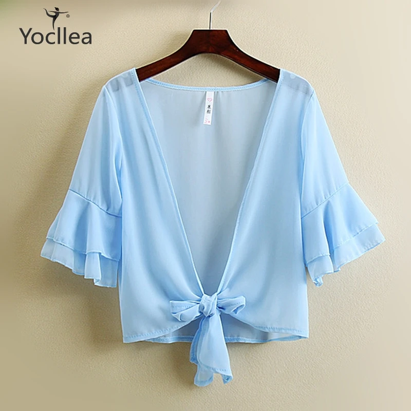 

Summer Chiffon Sunscreen Little Shawl Coat Plus size short shirt blouse blusas Flare sleeve Beach style Women Blouses and tops