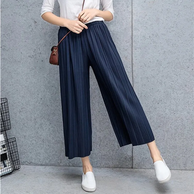

Women Pleated Elastic High Waist Loose Trousers Spring Autumn Wide Leg Casual Pants