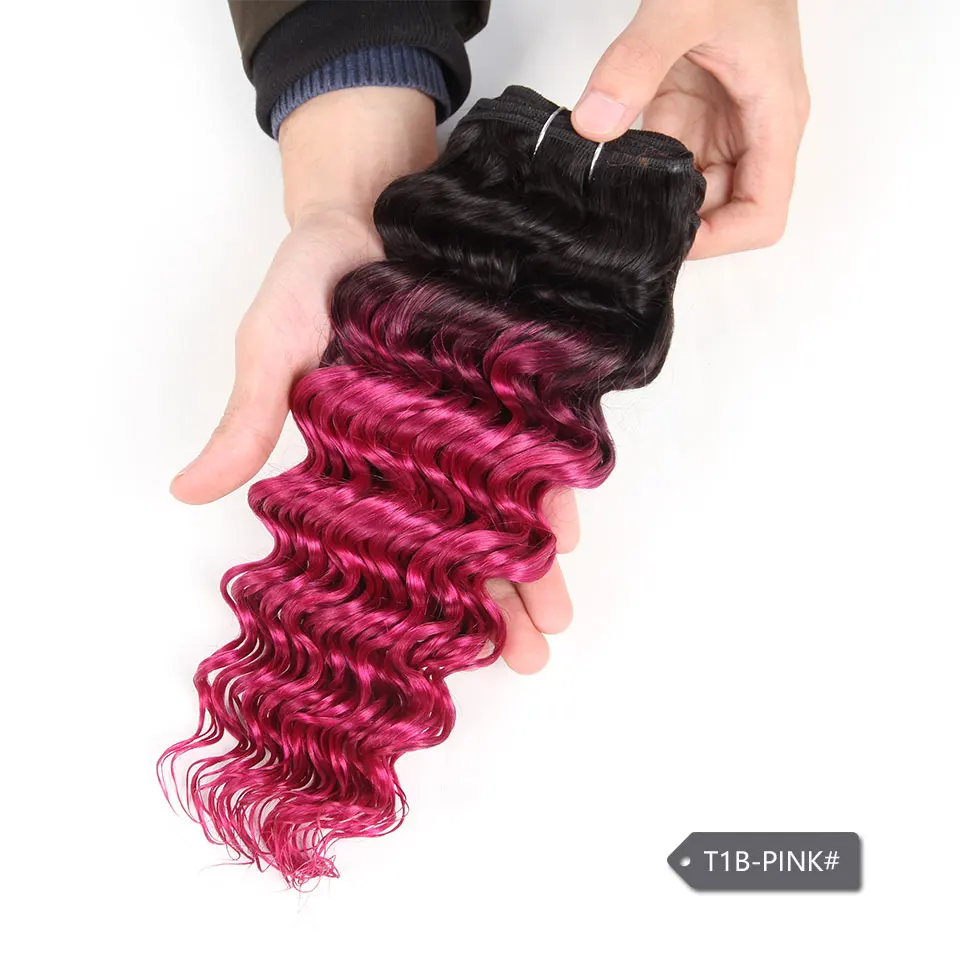 Sleek Ombre Brazilian Nature Deep Wave Bundles Human Hair Weave 1 Piece Deal #T1B Blue Pink Purple Remy Hair Weave 100 Grams