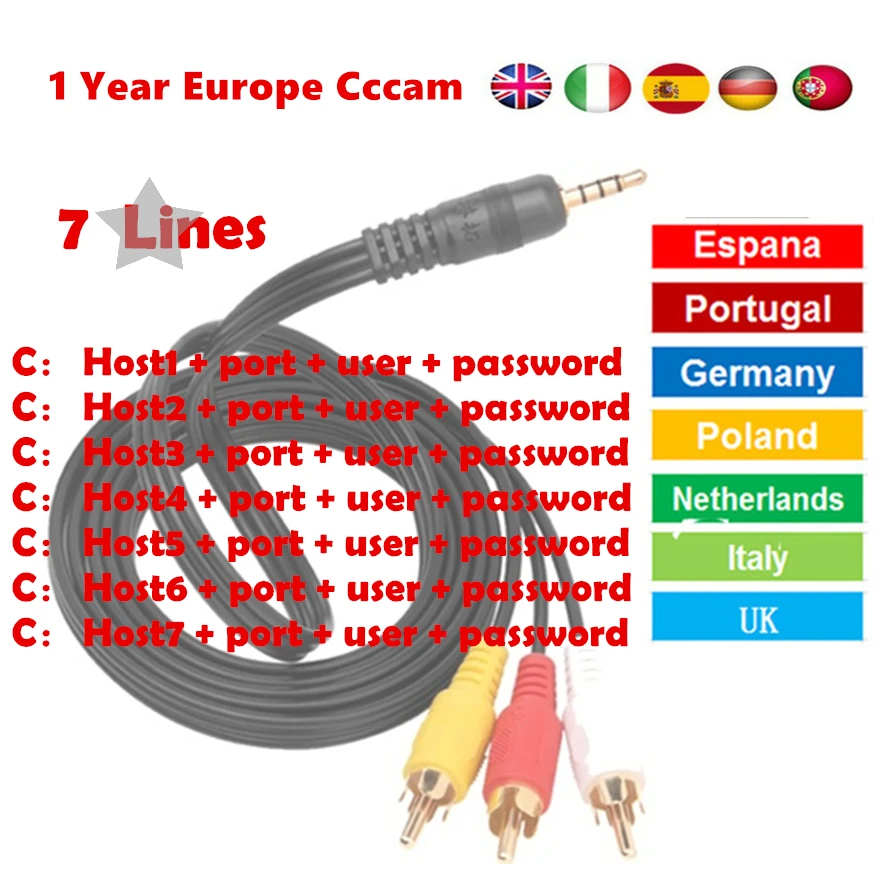 7 линий 1 год CCCAM Clines для цифрового спутниковый ТВ-приемник DVB-S2 рецептор набор топ коробка один год Cccam Cline Испания