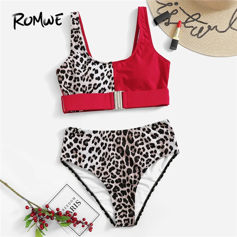 

Romwe Sport Patchwork Leopard Buckle Front Bikinis High Waist Bottoms Two Piece Swimsuit Women Scoop Neck Bathing Suit Swimwear