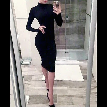 

Top Quality Blue Black Color Long Sleeve Knee Length Turtleneck Rayon Bandage Dress Elegant Party Bodycon Dress