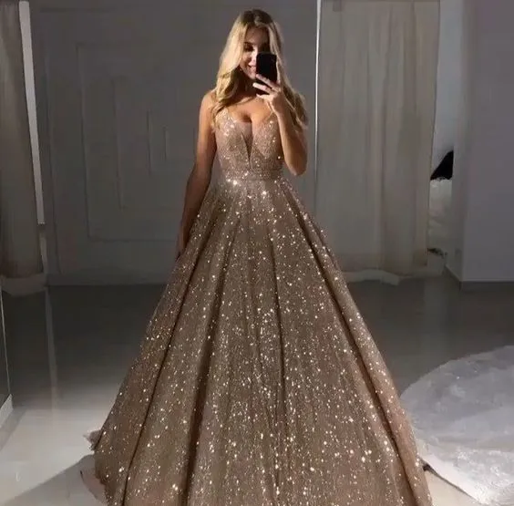 Сверкающее вечернее платье vestidos de graduacion глубокий v-образный вырез А-силуэт розовое золото блестящая ткань шикарное плиссированное платье для выпускного вечера
