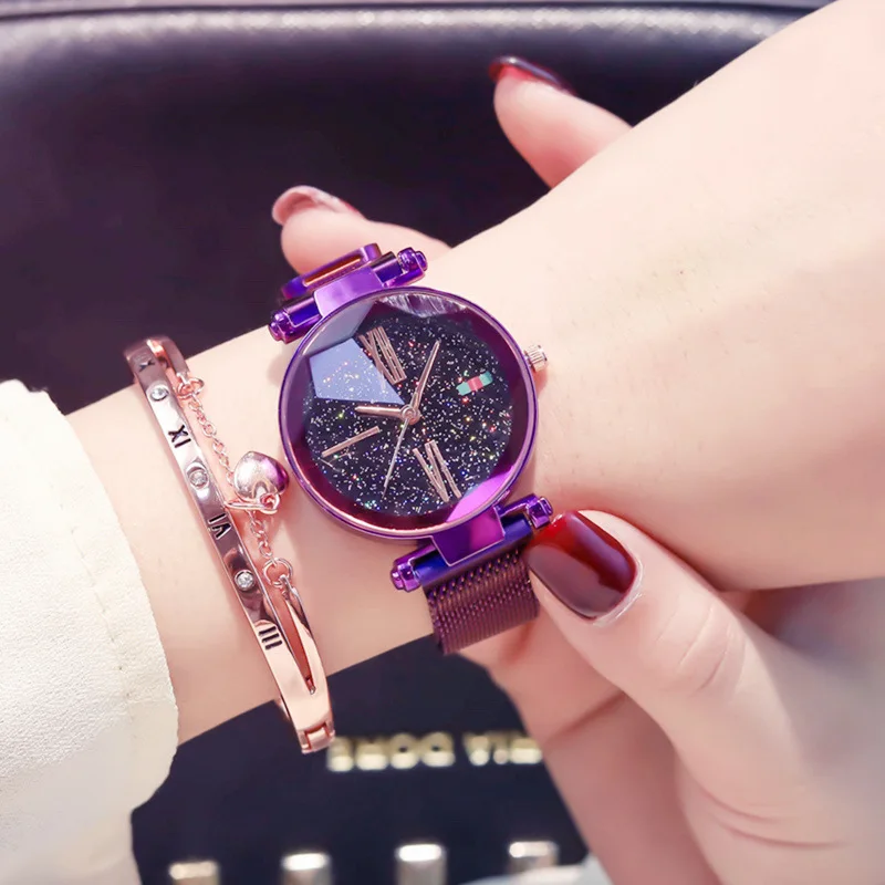 

Watches Women Rose Gold Mesh Magnet Buckle Starry Quartz Watch Geometric Surface Casual Women Quartz Wristwatch Reloj de dama