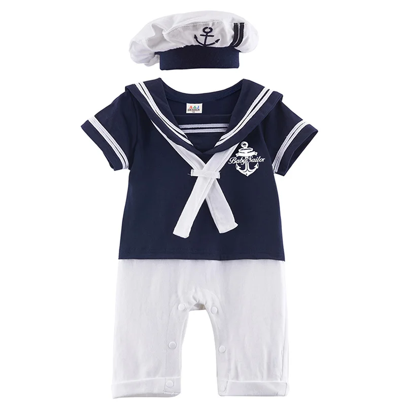 Матросский костюм для новорожденных мальчиков комбинезон со шляпой, комплект для младенцев, вечерние игровой костюм для косплея, комбинезон, одежда - Color: Blue