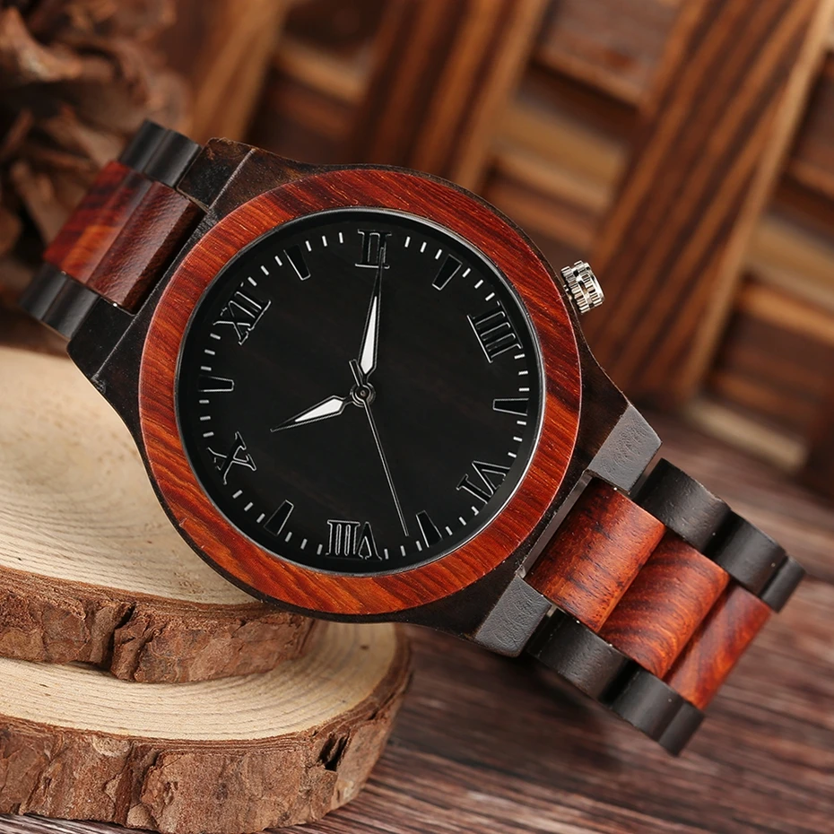 Men's Watch Round Vintage Bamboo Wood Case Luxury Natural Sport Wristwatch with Full Wooden Band Japanese Movement Roman Numeral 2017 2018 Gifts for Dad Him (9)