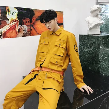 

INS 2019 Men Casual Cargo Pants Jumpsuit Man Multi-pocket Hooded Hip Hop Overalls Male One Piece Long Sleeved Autumn Trousers