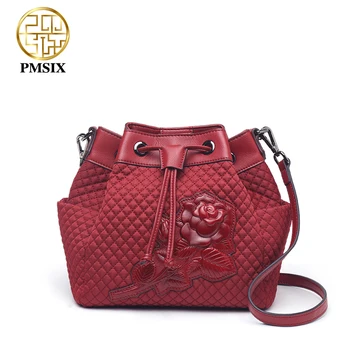 

PMSIX waterproof Canvas Girl Portable Shoulder Bag Large Capacity Fashion Casual Messenger Bag Simple Embossed Red Bucket Bag