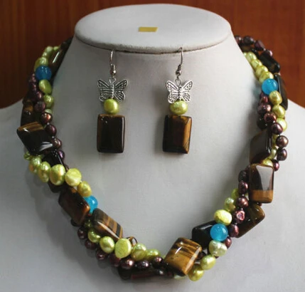 

huij 004055 Charming 3 Rows Tiger Eye Stone Shell Pear Earring Necklace Pendant Jewelry Set