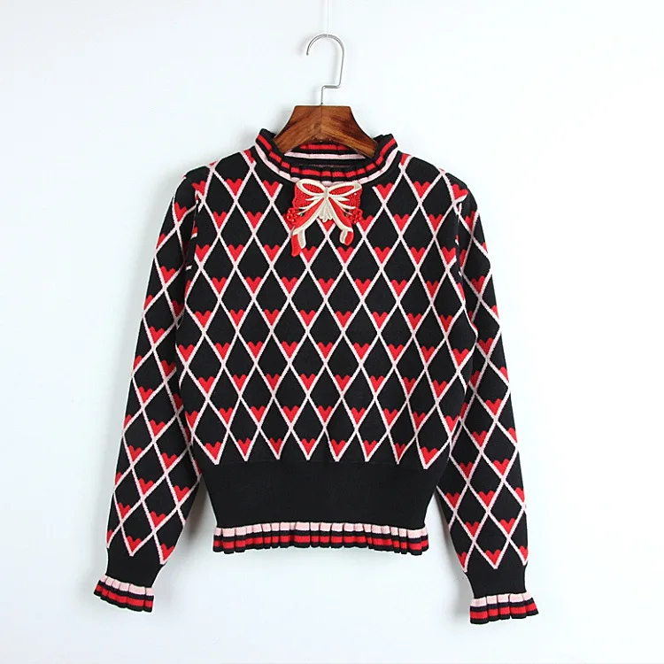 

Runway Pullover 2018 Autumn Pretty Knit Tops Heart Half Turtleneck Bow Luxury Chic Vintage Sweater Women Jumper pull femme Mujer