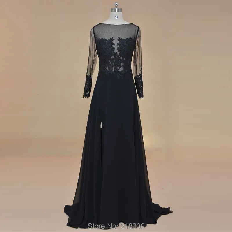 Black Lace Prom Dresses Long Sleeves See Through Prom Dress With Slit 