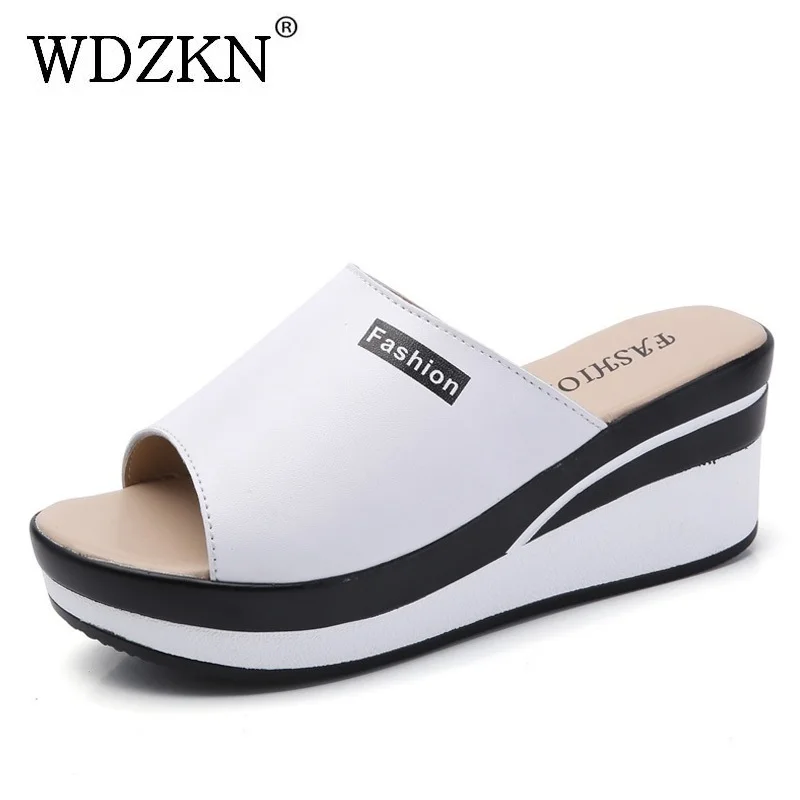 

WDZKN 2018 Genuine Leather Women Sandals Summer Wedge Platform Sandals Shoes Fashion Black White High Heels Open Toe Slippers