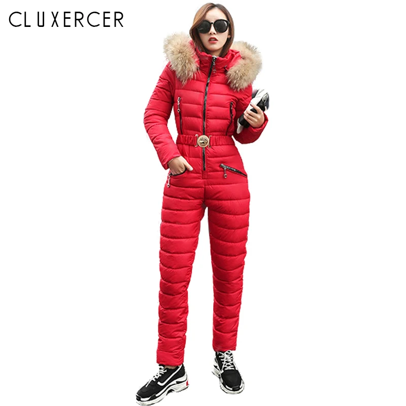 

2019 New Winter Thick Warm Parkas Coat Women Fashion Siamese Slim Winter Jacket Female Hooded Fur Collar Ski Set Outerwear
