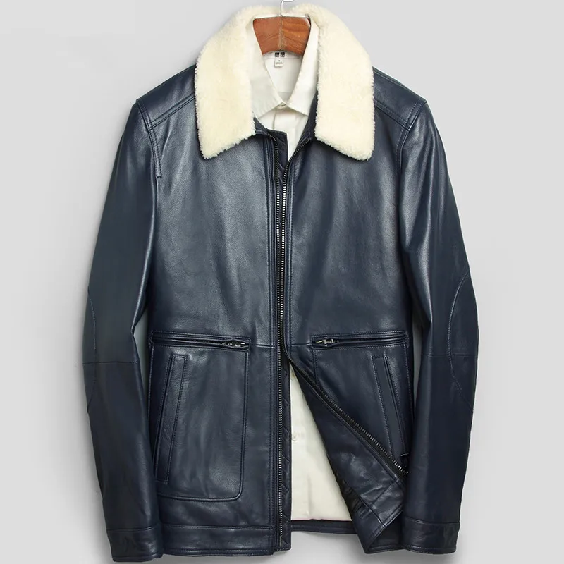 AYUNSUE куртка из натуральной кожи, осенне-зимняя куртка, Мужская куртка из овечьей кожи с меховым воротником, короткие куртки, мужская куртка из овчины LSY080125 MY1367 - Цвет: royal blue