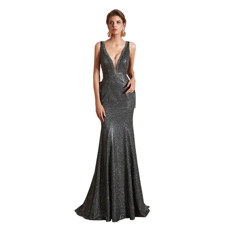

In Stock Deep V-Neck Sleeveless Mermaid Long Evening Dress Robe de soiree longue Plus size evening dress Robe longue soiree E015