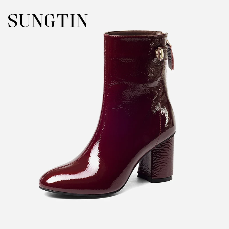 

Sungtin Genuine Leather Women Ankle Boots Women's Fashion Patent Leather Round Toe High Heel Short Party Boots Ladies Booties
