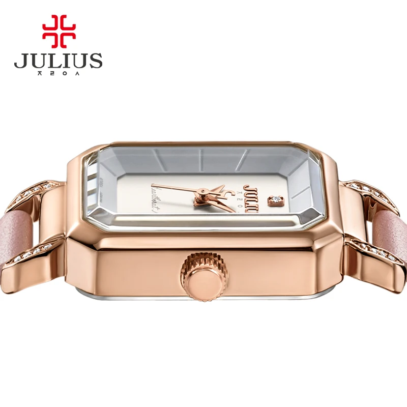 Julius, розовые часы для женщин, кожаный ремешок, прямоугольные, Relojes Mujer, стразы,, зима, Новое поступление, Relogio Hour JA-951