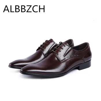 

New mens genuine leather dress shoes pointed toe lace derby wedding shoes men oxford business work shoes man plus size 37 44