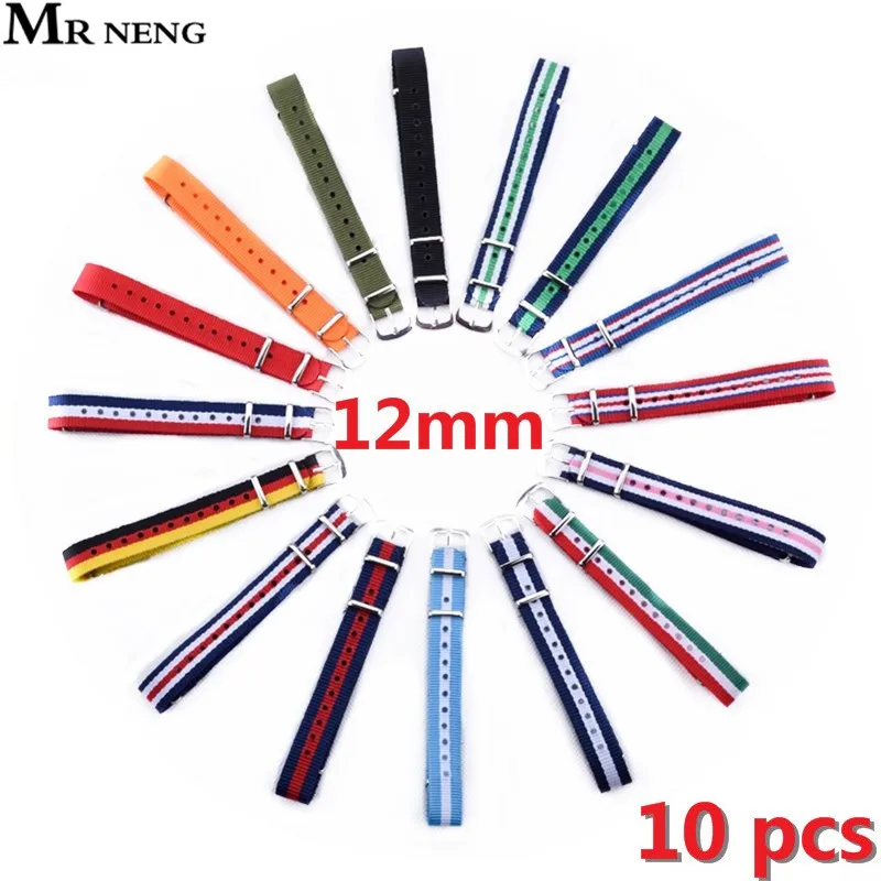 

MR NENG 10 pieces / lot High quality Nato watchband 12 mm Men's Nylon Sport Wrist Watch Band Strap 12mm Military Army 16 Colors