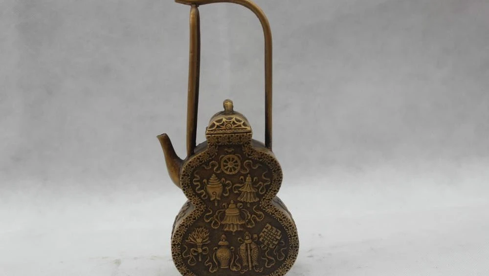 

9"Chinese Folk Wealth Pure Bronze Lucky beautifur eight treasures water jug