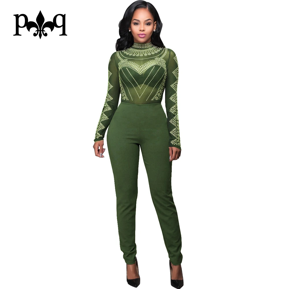 Sexy Bodycon Bandage Jumpsuit Women Overalls Long Sleeve Mesh Bodysuit