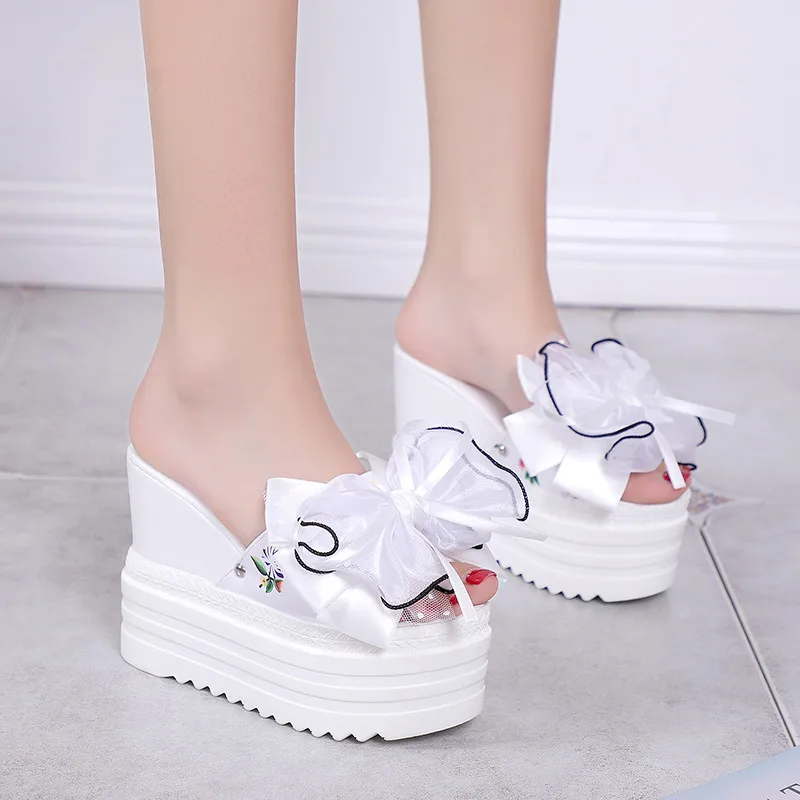 FMCYH Women Slipper Summer Beach Slides Woman Slippers Black Fashion Bowknot Lace Platform 