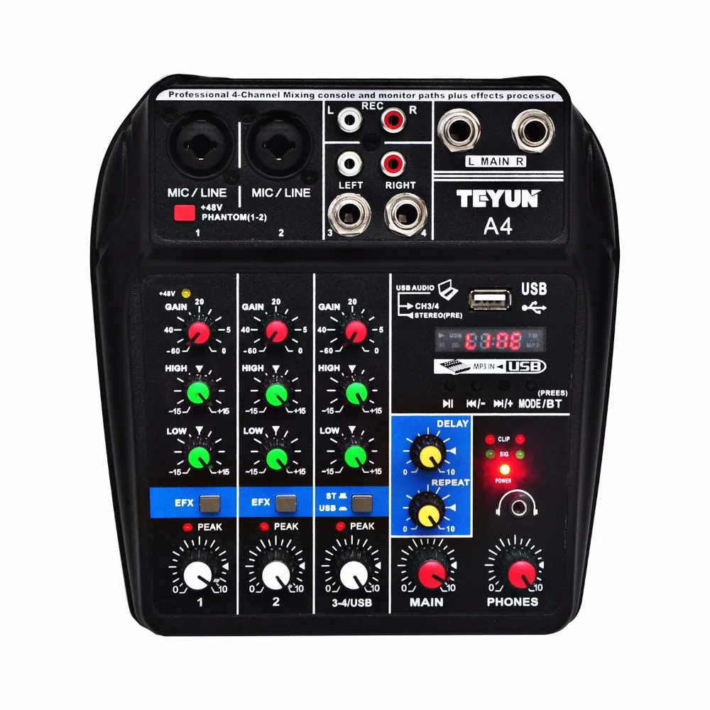 Online A4 Multi purpose Mixer Audio con Bluetooth Record di 4 Canali di Ingresso Mic Inserto Linea Stereo Riproduzione USB Scheda Audio