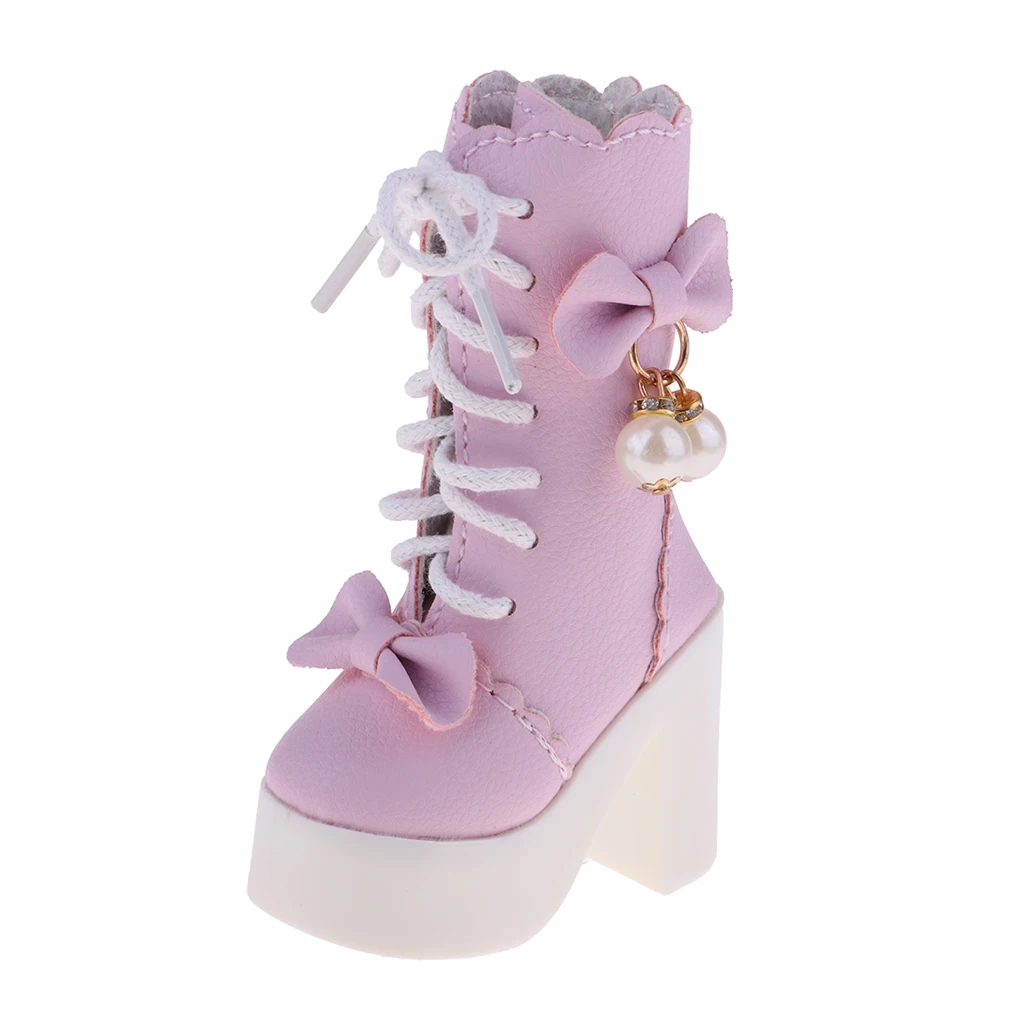 Handmade PU Leather Shoes Lace-up High Heeled Shoes for 1/3 BJD Dolls for 60cm Night Lolita Dolls (Pink)