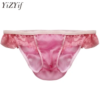 

YiZYiF Sexy Mens Summer Soft Pink Mesh Sheer Lace Thong G String Underwear Underpants