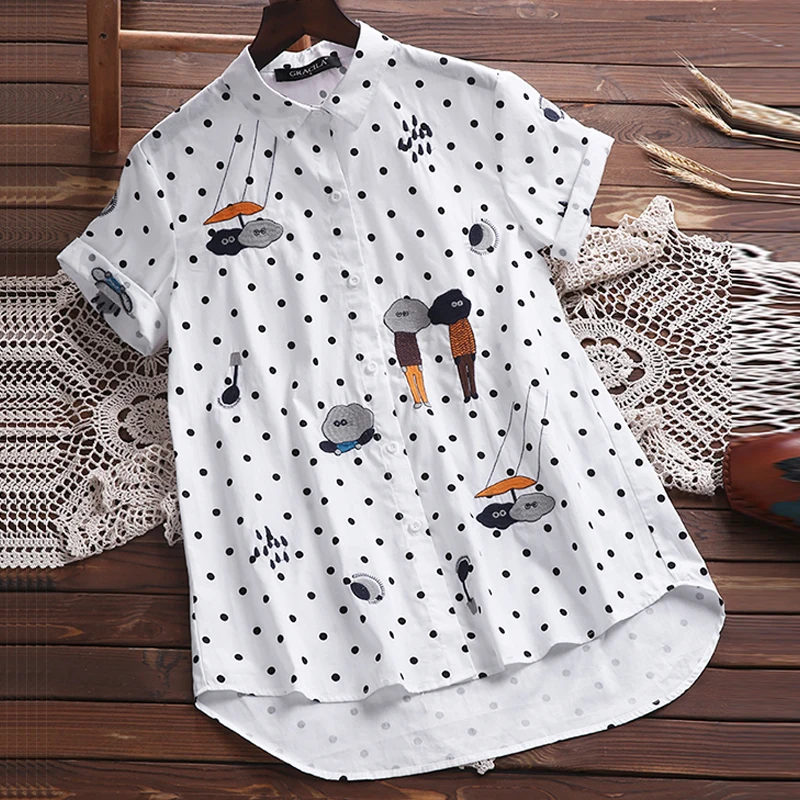 Vente 2018 D été Top Femmes Tournent Vers Le Bas À Manches Courtes Polka Dot Imprimer Blouse Femme Broderie Chemise Femininas Casual Vrac Blouse
