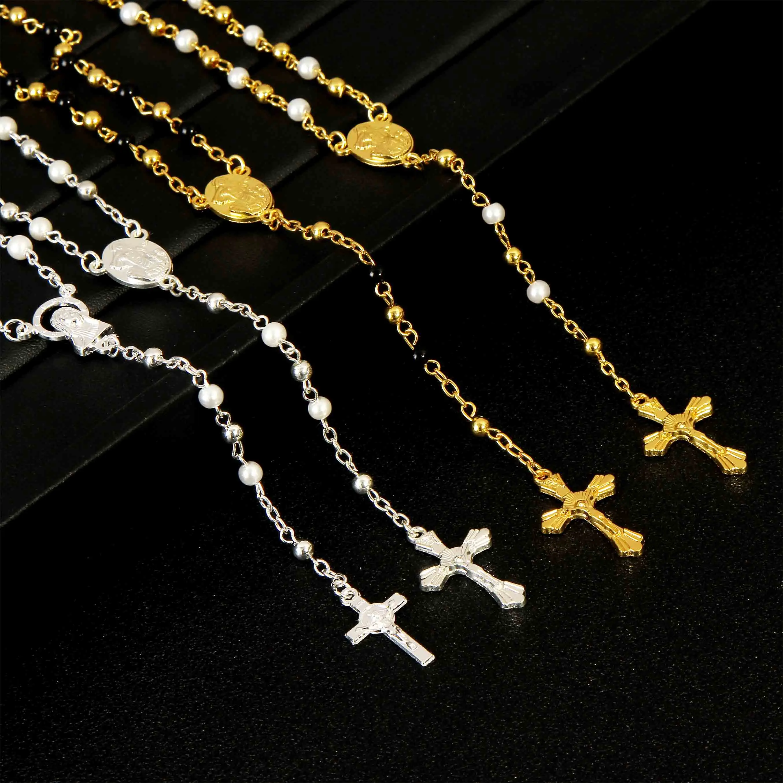 Brand New Jesus Beaded Yellow Gold Filled Cross Rosary Necklace Smooth Beads Catholic Jesus Cross Pendant