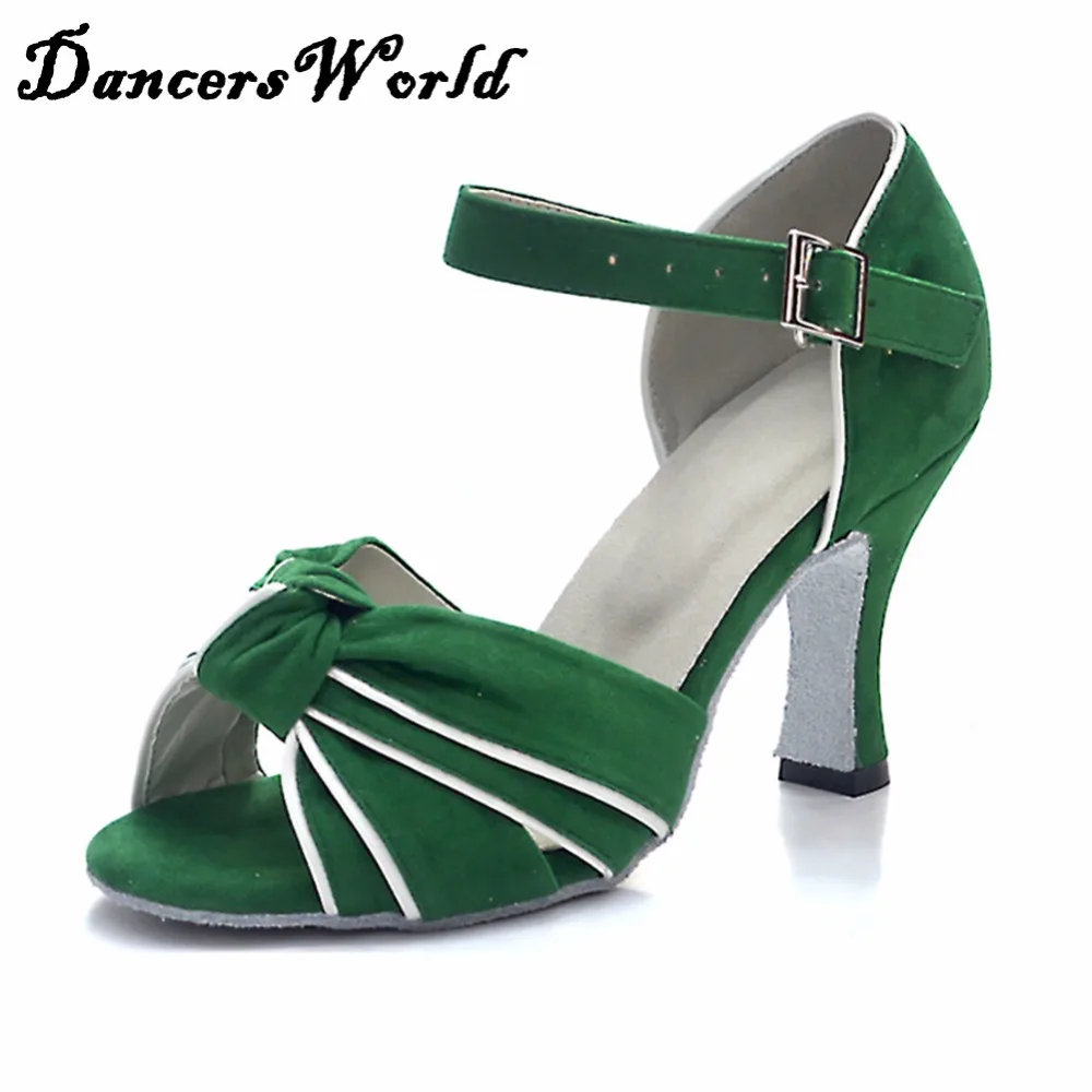 High Latin Dancing Shoes For Ladies 6 cm Heels Satin Green Shoe For