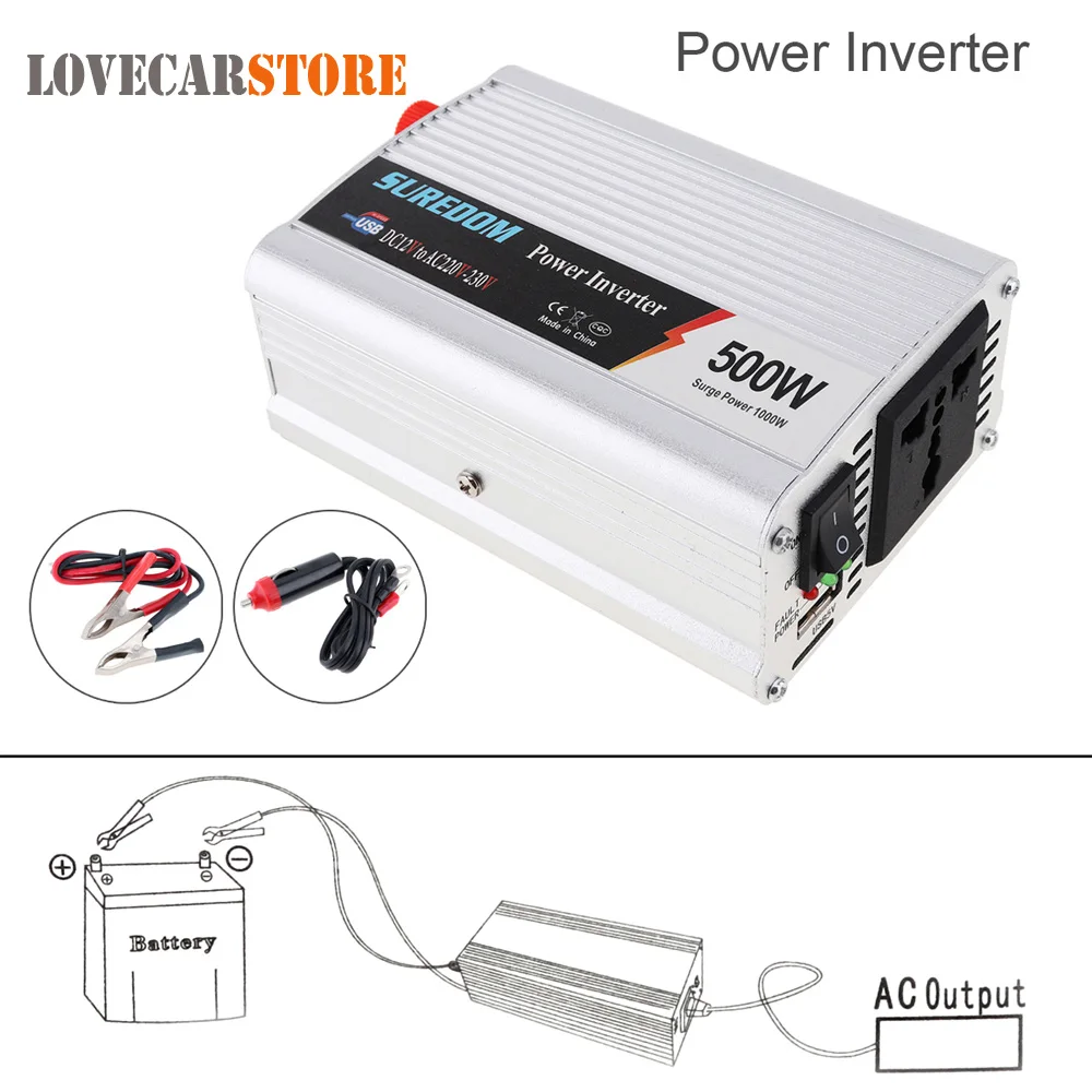 

500W DC 12V 24V to AC 220V 110V Vehicle Car Power Inverter USB Adapter Portable Voltage Transformer Auto Charger Converter