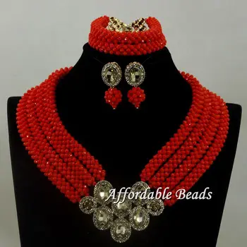 

Women New Red Nigerian Beads Jewelry Set Statement Necklace Earrings Bracelets Jewelry Set for Wedding hx015