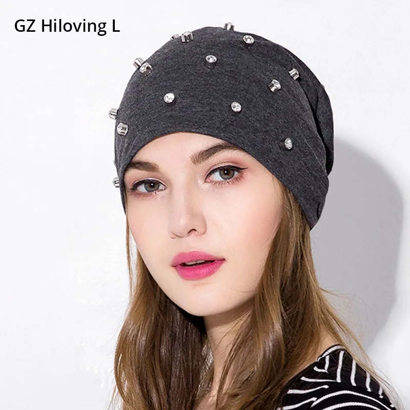 

GZHiLovingL Solid Cotton Rhinestones Beanies Hats For Women Slouchy Hip Hop Balaclava Cap Women Girl Polyester Oversize Thin Hat
