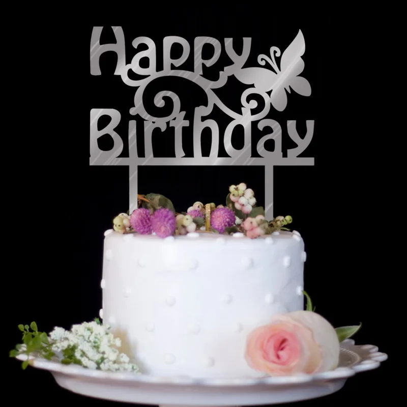 100pcs/lot Creative silvery happy birthday design wedding cake inserted card birthday Cake Topper Party Cake Decorations