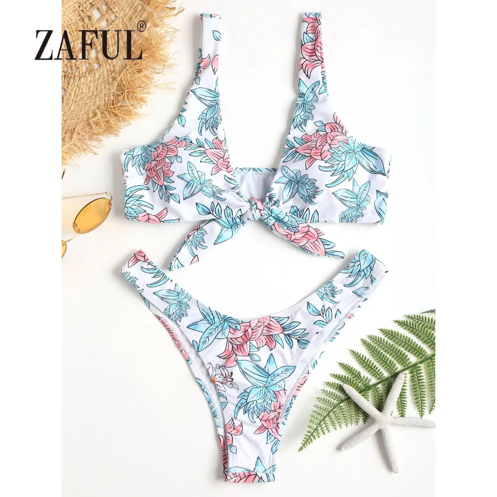  ZAFUL Knotted Bikini High Cut Swimwear Women Swimsuit Front Tied Floral Scrunch Butt Thong Bikini P