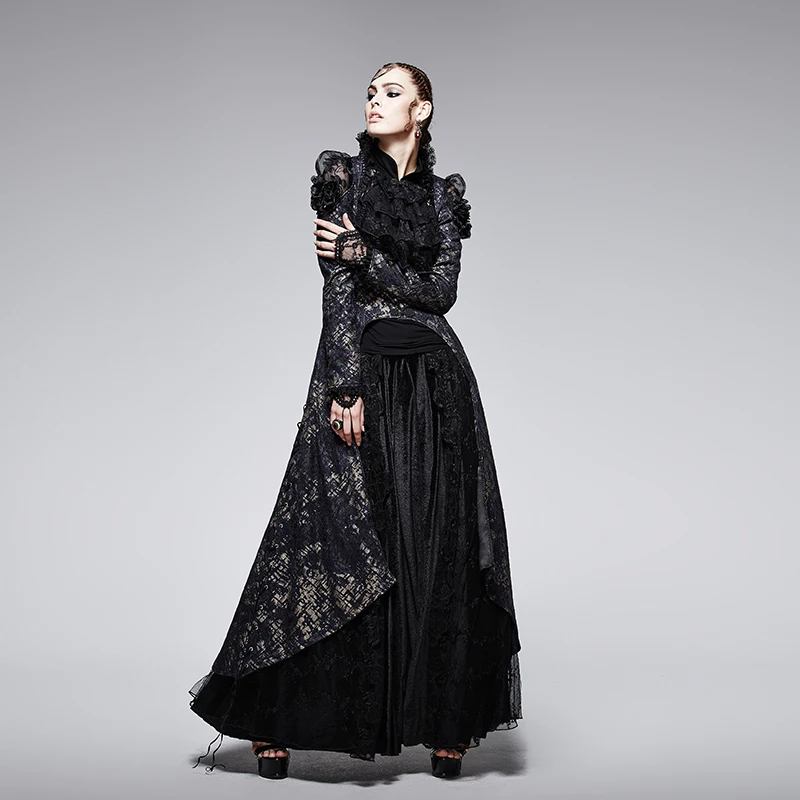 

Gothic Winter Asymmetric X-Long Lace Jacquard Coats Women Retro Romantic Palace Pattern Printed Chest Hollow Out Ladies OverCoat