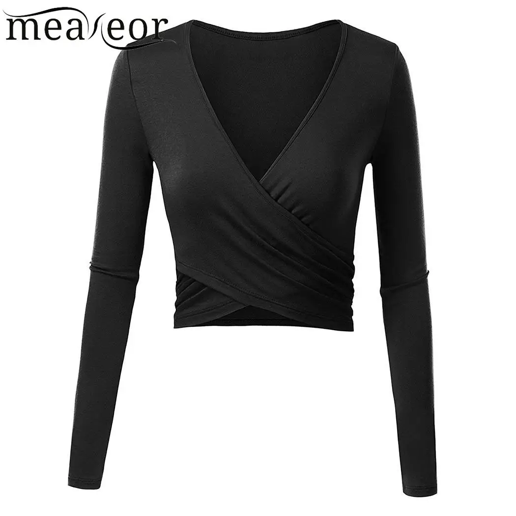Casual Faux Wrap Deep V Neck Long Sleeve Ruched Women