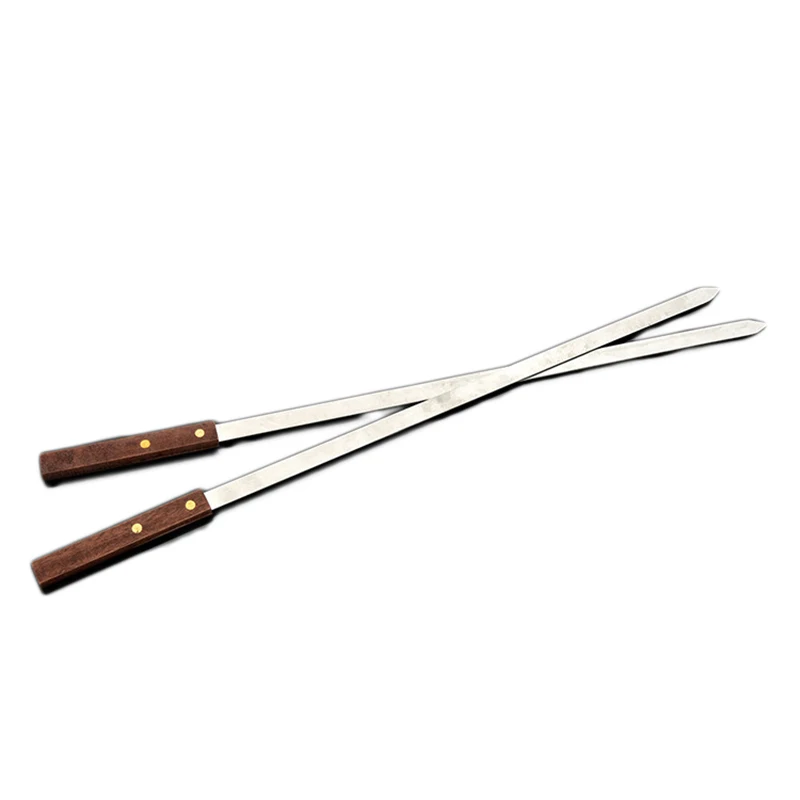 Barbecue Stainless Steel Flat Meat Skewers With Wooden Handles Outdoor Barbecue Grills BBQ Forks Accessories Roasting Fork 60cm