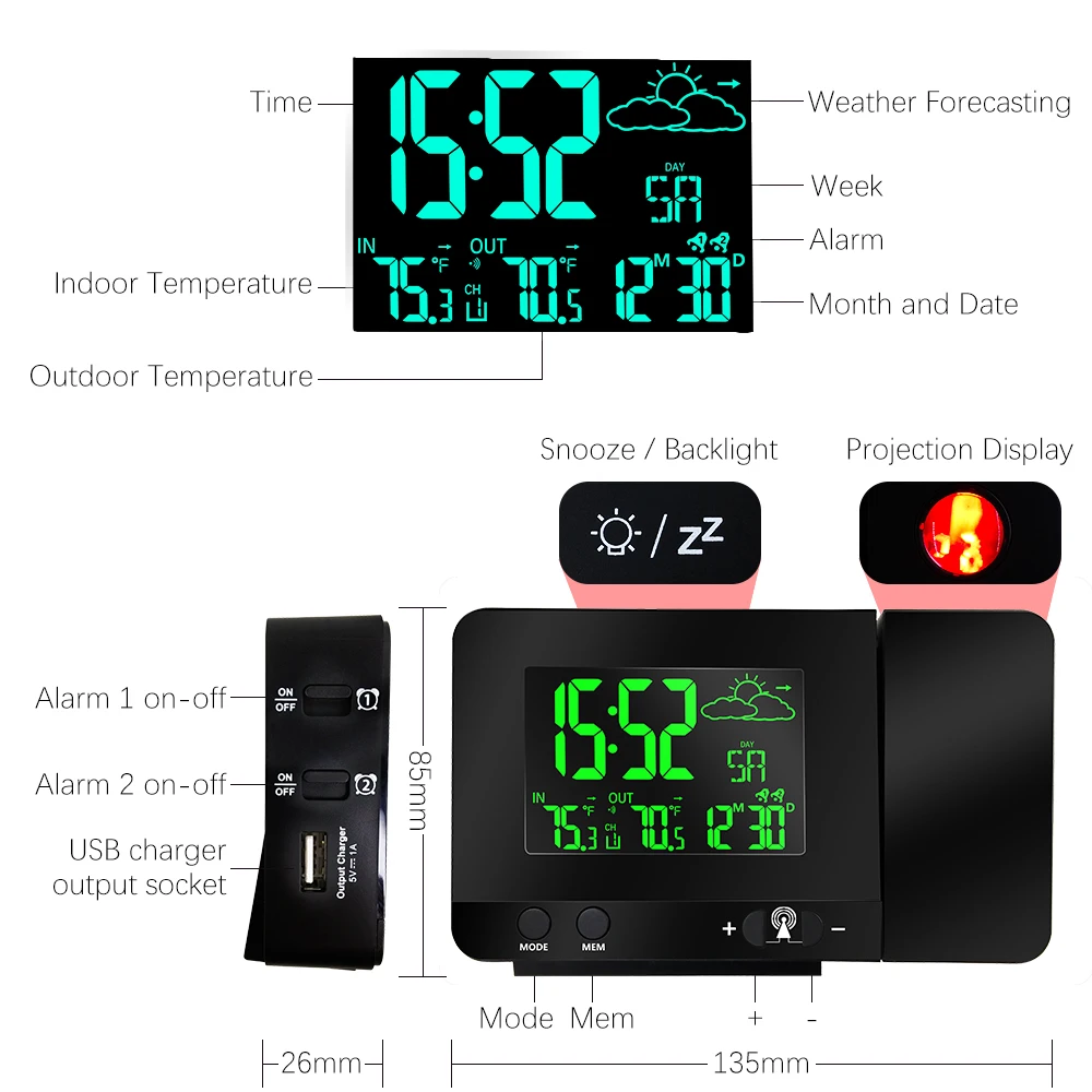 Цифровой проекционный будильник с метеостанцией, термометр для помещений и улицы, зарядное устройство USB, двойные будильники для спальни