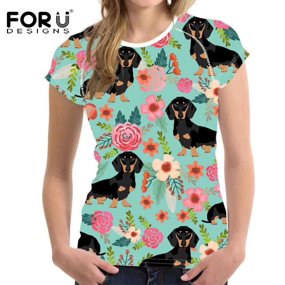 

FORUDESIGNS Women T Shirt Ladies Kawaii Doxie Dog Dachshund Flower Print T-shirt Teenagers Floral Tee Shirt Female Fitness Cloth