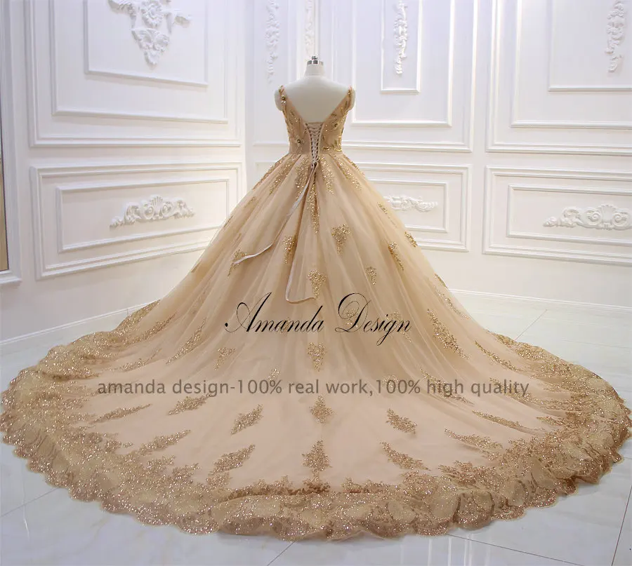 Amanda Design abendkleider V-Neck Lace Appliqued Beading Gold Wedding Dress with Wraps