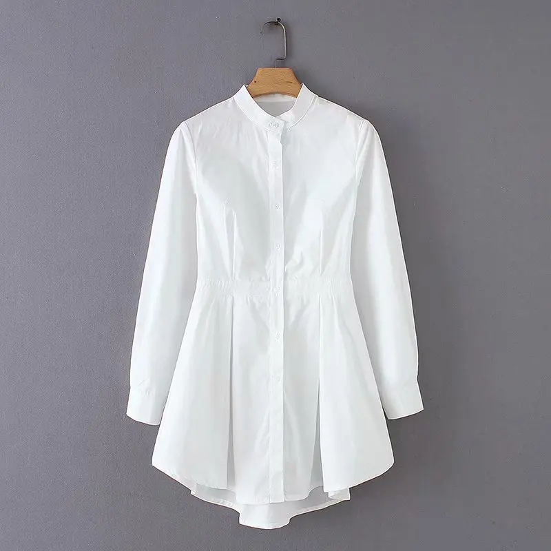  women elegant stand collar hem irregular pleats white blouse casual shirts office lady business fem