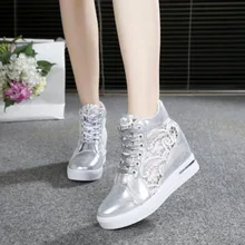 Estudantes Senhoras Casual Flats Lace-up Sapatos de Malha, respirável Não-deslizamento Engrossar Fundo Dedo Do Pé Redondo da Plataforma T cinta-Sapatos de Bling