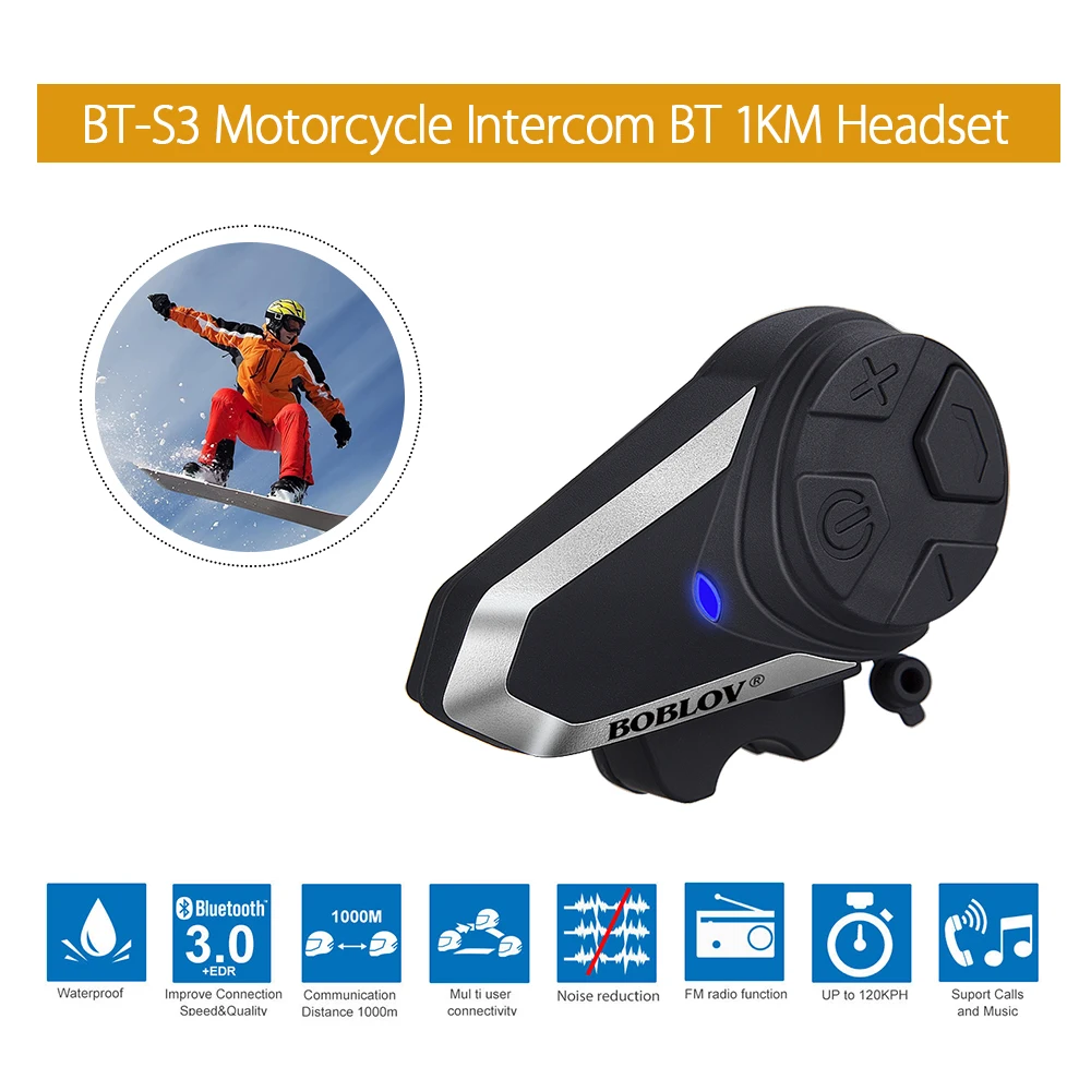 

BT-S3 Motorcycle Helmet Intercom 1000M Bluetooth intercom Headset Waterproof Mic Wireless FM MP3 GPS