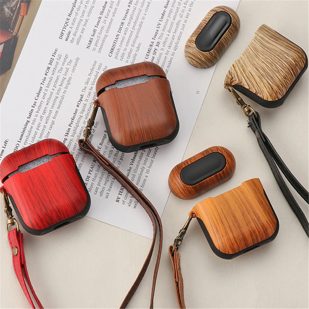 Retro Wood Texture PC Case for AirPods Classic Protective Case for Air Pods Bluetooth Wireless Headset Hard Shell With Strap