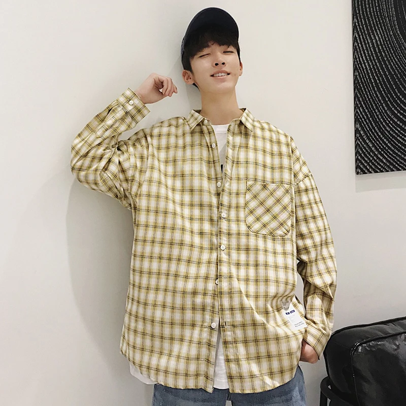 new ins plaid hawaiian shirt men's jacket long-sleeved Korean version loose Hong style leisure camisa Thin Yellow Khaki - Цвет: yellow